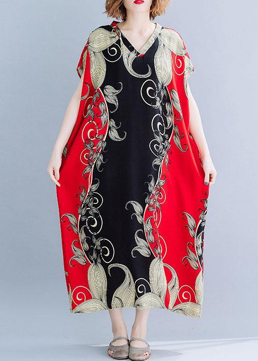 Chic red print cotton tunic dress v neck Dresses summer Dresses