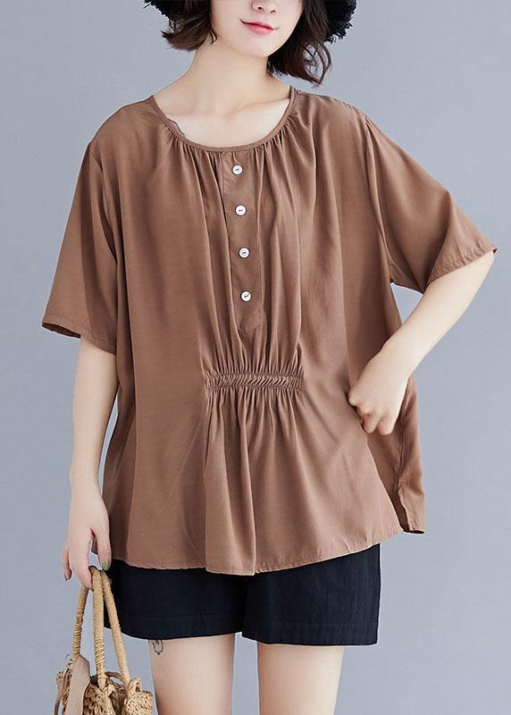 Women khaki cotton clothes o neck half sleeve box summer top