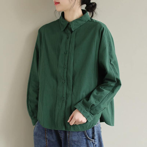 Art Lapel Button Down Spring Tops Women Pattern Green Top