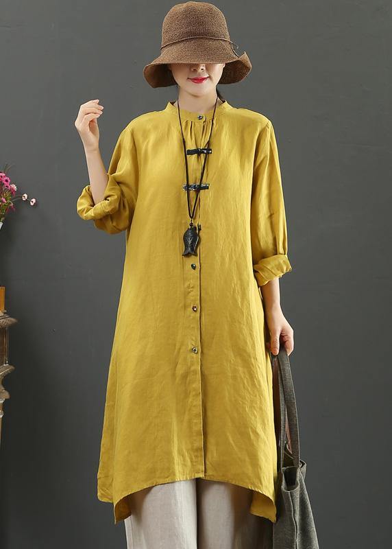 Art Yellow Blouses For Women Stand Collar Asymmetric Spring Top