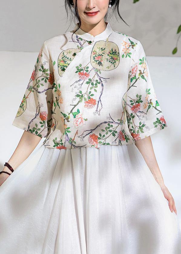 Art floral linen blouses for women half sleeve oversized stand collar shirts