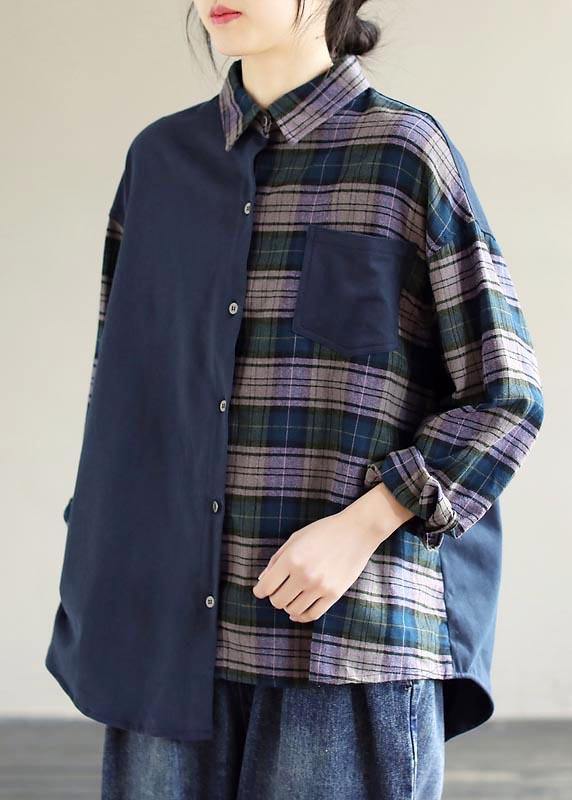 Simple Lapel Patchwork Tops Women Blouses Wardrobes Blue Plaid Blouse