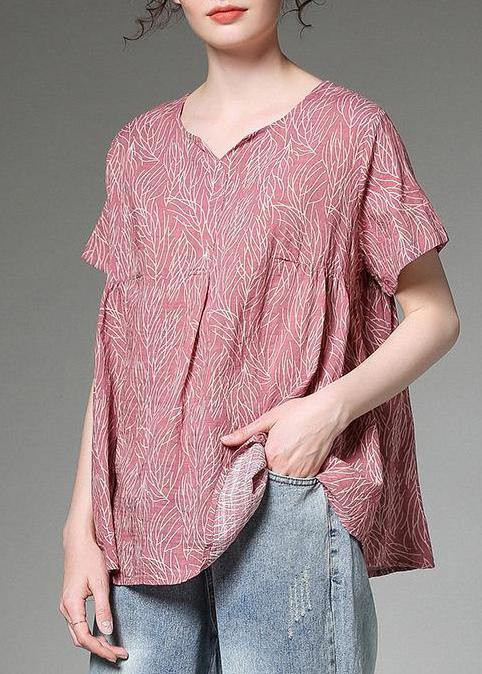 Classy linen clothes For Women Fashion Split Neck red Printed Pleated Short Sleeve T-Shirt