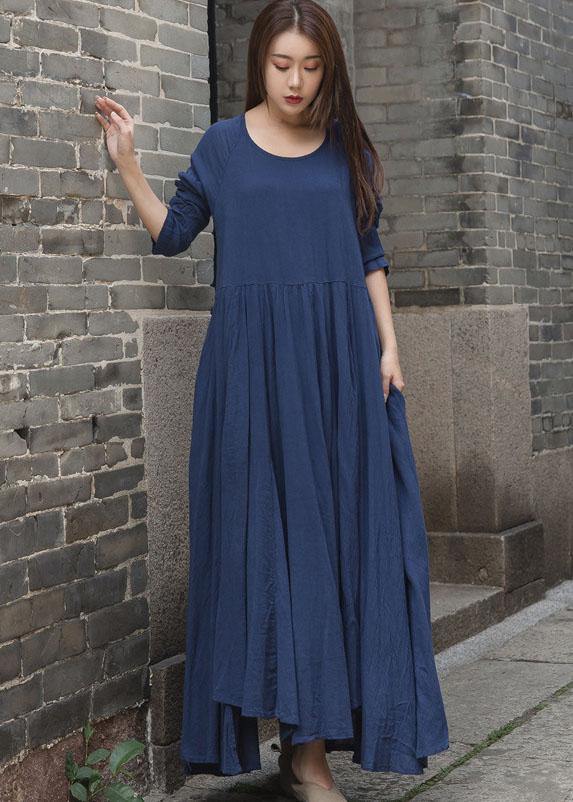 French blue patchwork cotton linen clothes For Women long sleeve Traveling summer Dresses