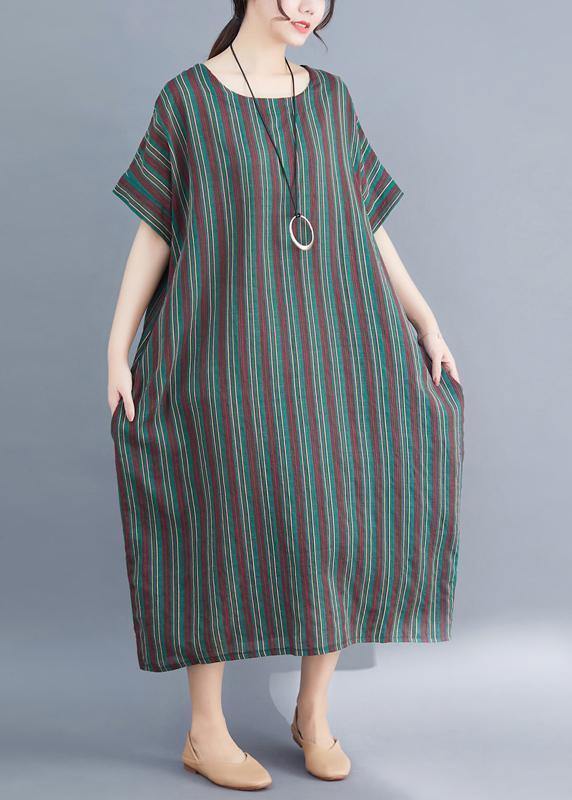 fashion women green striped o neck summer dress