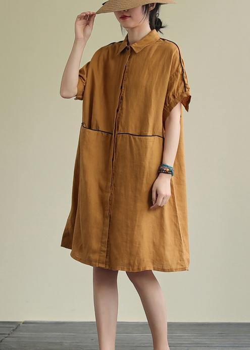 Women yellow linen dress lapel pockets Plus Size summer Dresses