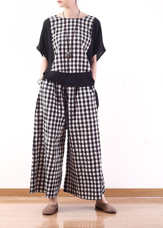 summer casual cotton linen two pieces black white plaid patchwork tops and elastic waist wide leg pants