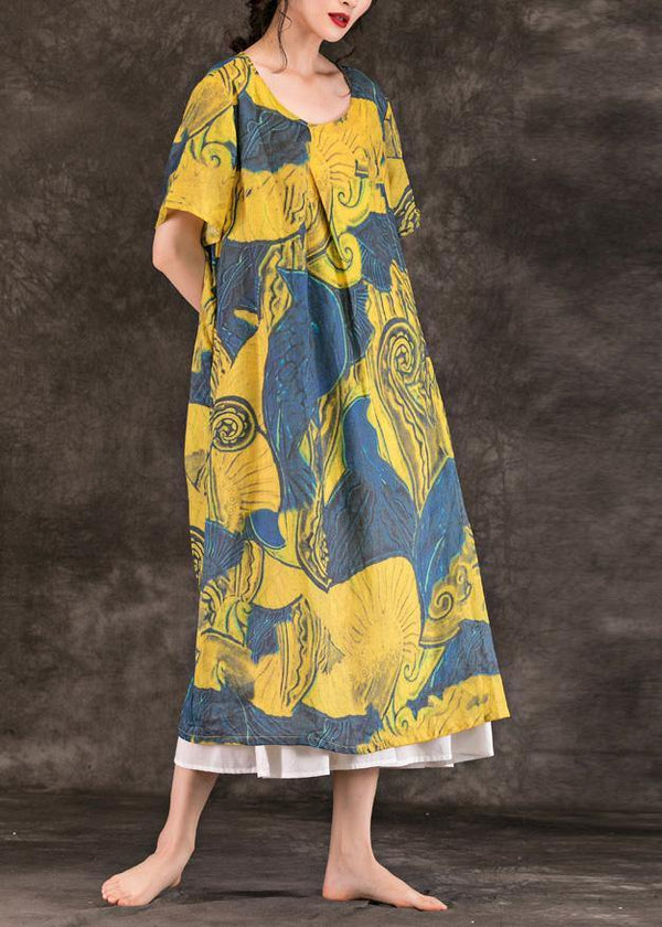 Simple o neck patchwork linen dress Photography yellow print Dresses summer