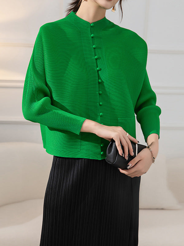 Long Sleeves Loose Buttoned Pleated Pockets Solid Color Round-Neck Outerwear