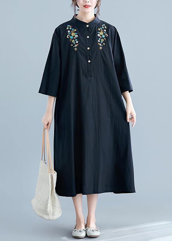 Chic stand collar pockets cotton Wardrobes linen black embroidery long Dress summer