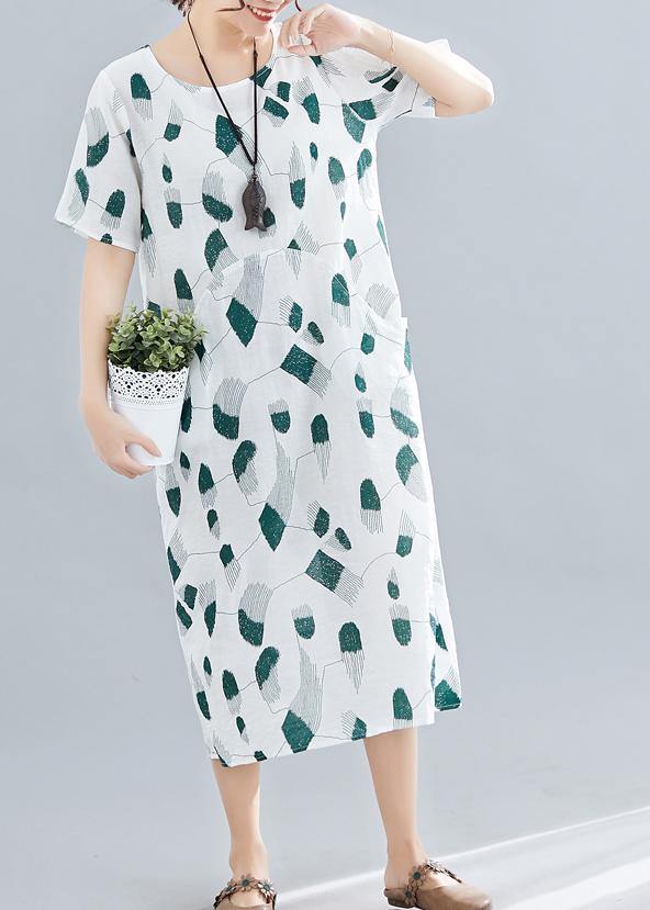 Women green print linen cotton Robes o neck pockets long summer Dress