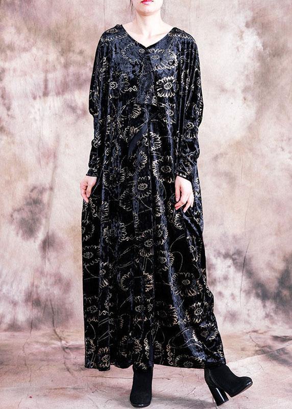 Bohemian prints velour dresses Work black v neck Kaftan Dress fall