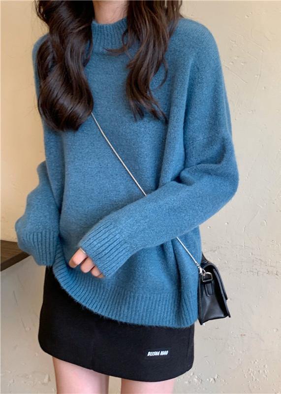 For Spring blue sweater tops high neck plus size knit sweat tops