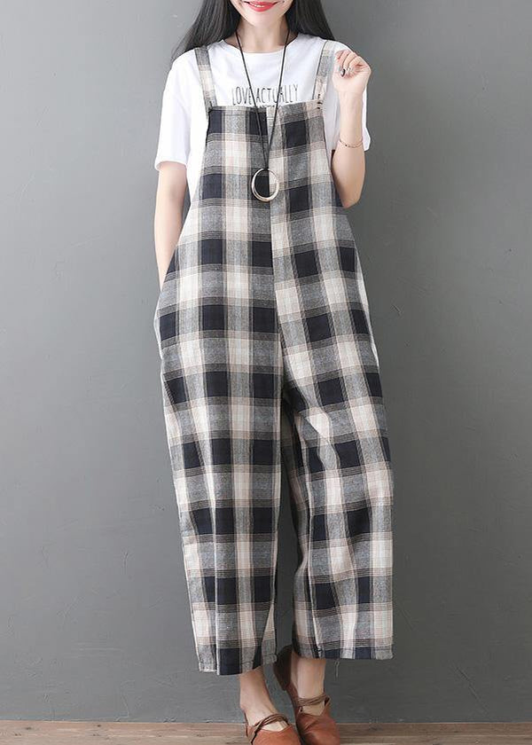 women new cotton white plaid sleeve casual jumpsuit pants