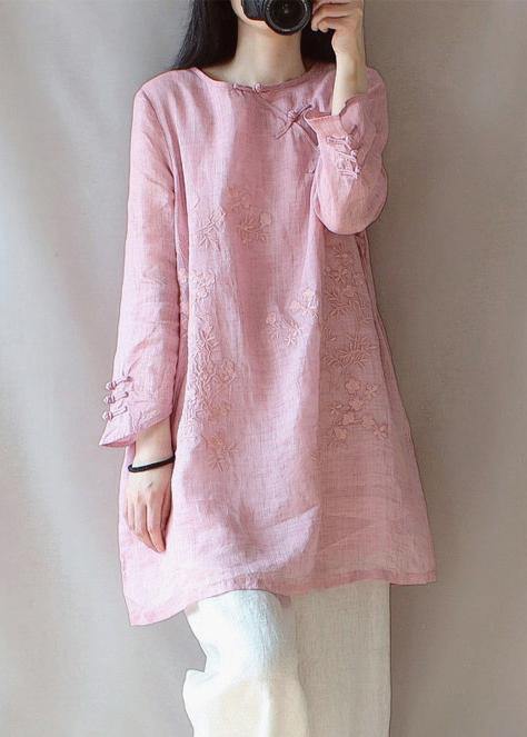 Classy O Neck Chinese Button Clothes For Women Shape Pink Embroidery Shirt