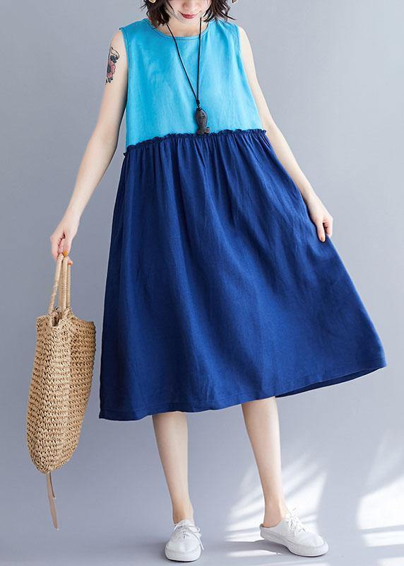 Loose o neck sleevless cotton linen quilting clothes Catwalk blue Dresses summer