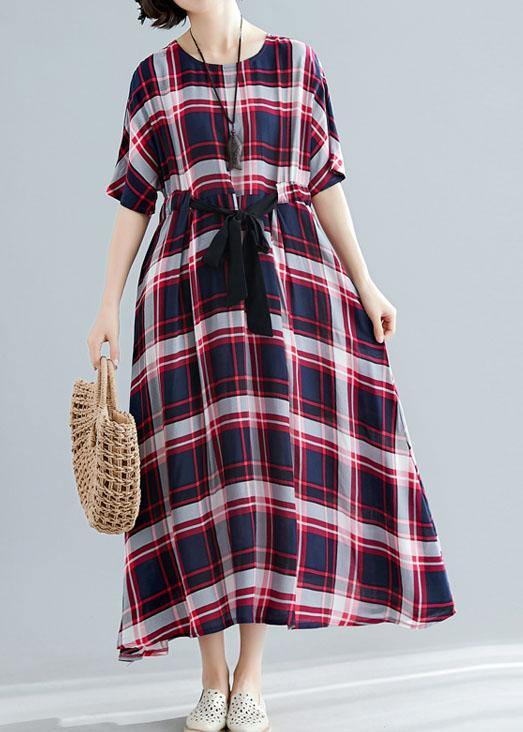 Unique tie waist cotton clothes For Women Shape red plaid cotton Dresses summer