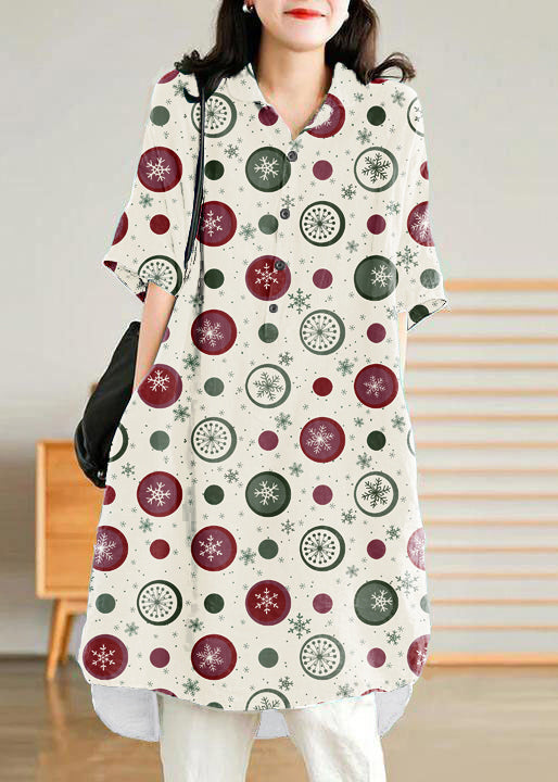 Jade white-snowflake Linen Women Casual Linen Shirt Dress