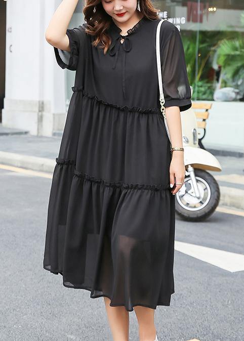 Elegant black ruffles chiffon clothes For Women stand collar Art summer Dress