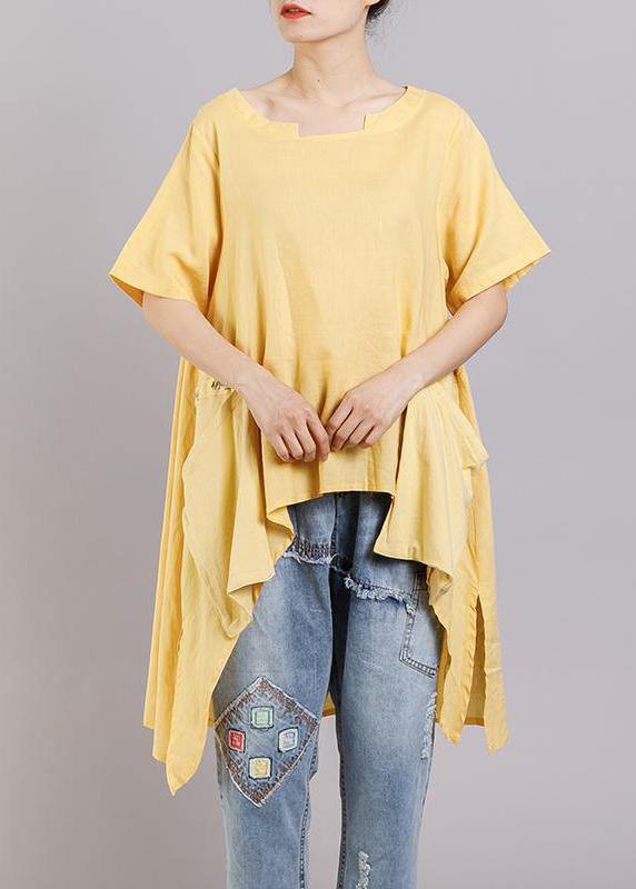 DIY linen tunic top Women Solid Pockets Short Sleeve Irregular Blouse