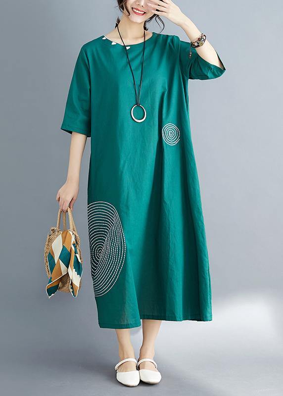 Beautiful o neck embroidery cotton dress plus size pattern green Dress Summer