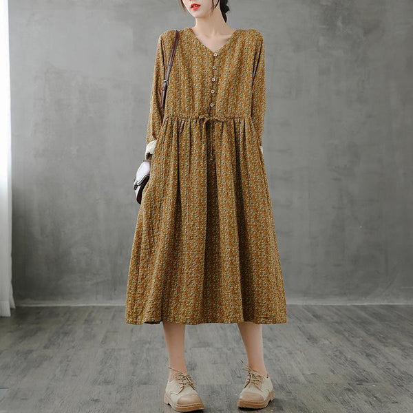 Unique stand collar drawstring fall dresses yellow print Art Dresses