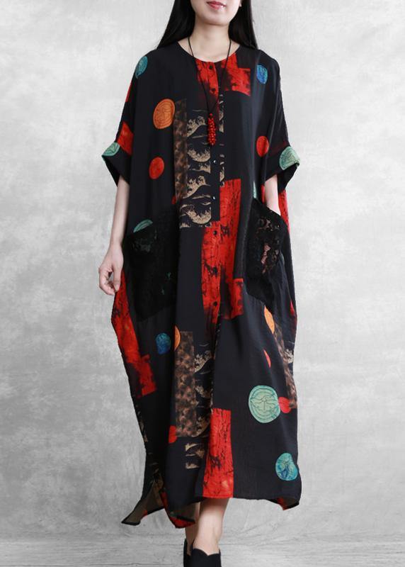 Italian black red print dress o neck patchwork lace Maxi Dress