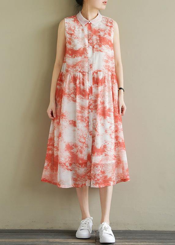 Natural sleeveless Cinched chiffon Women Casual Sewing red print Robe Dress Summer