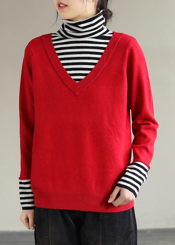 Cozy Spring Red Sweaters Plus Size Patchwork High Neck Blouse