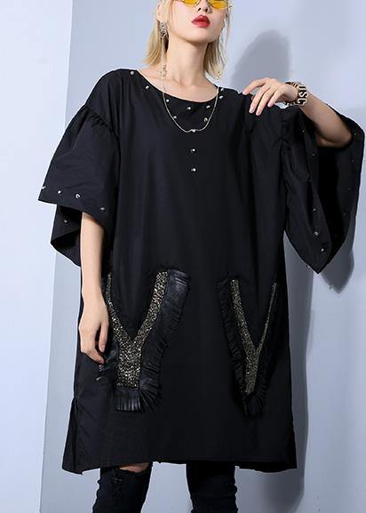 Elegant o neck Batwing Sleeve Cotton clothes Stitches Fashion Ideas black Dress Summer