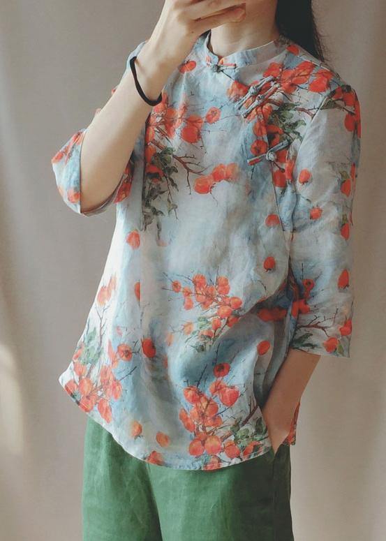 Chic Stand Collar Chinese Button Tops Women Print Shirts