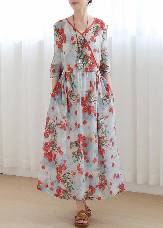 Cotton and linen  Jiangnan floral five-point sleeve high waist dress ramie printed long skirt