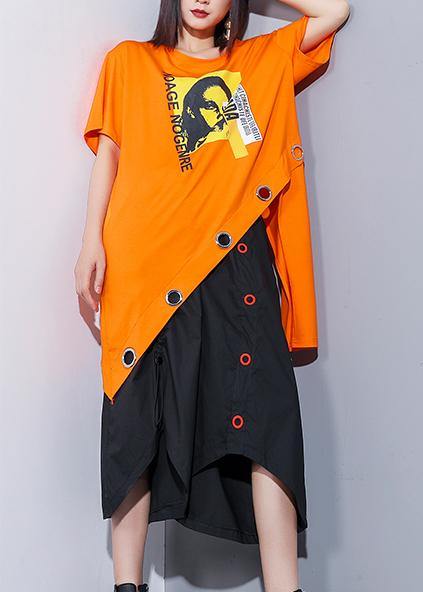 Sold-Out Bohemian orange cotton clothes o neck asymmetric oversized summer top