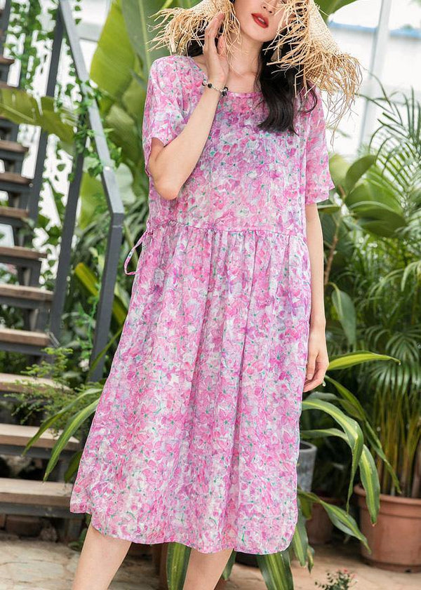 Fashion Women o neck patchwork linen pink print Dresses summer