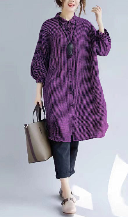 stylish Purple Plaid cozy cotton t shirt oversize Turn-down Collar cotton blouses Fine long sleeve tops