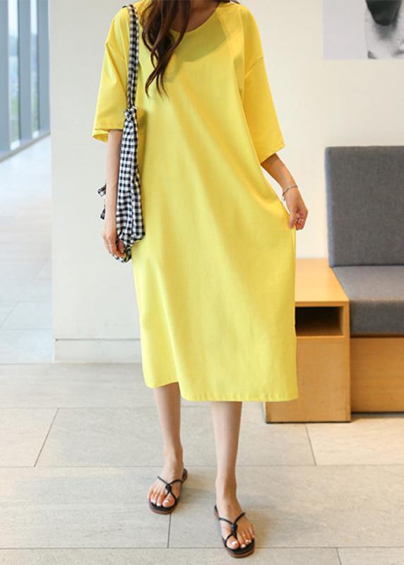 DIY o neck side open cotton Tunics Shape yellow long Dress