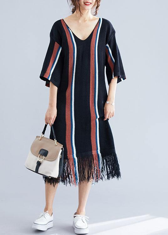 Women black v neck cotton tunics for women tassel Traveling summer Dress