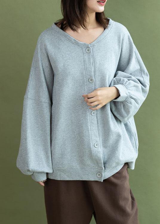 Modern gray cotton linen tops women lantern sleeve Button Down oversized fall shirts