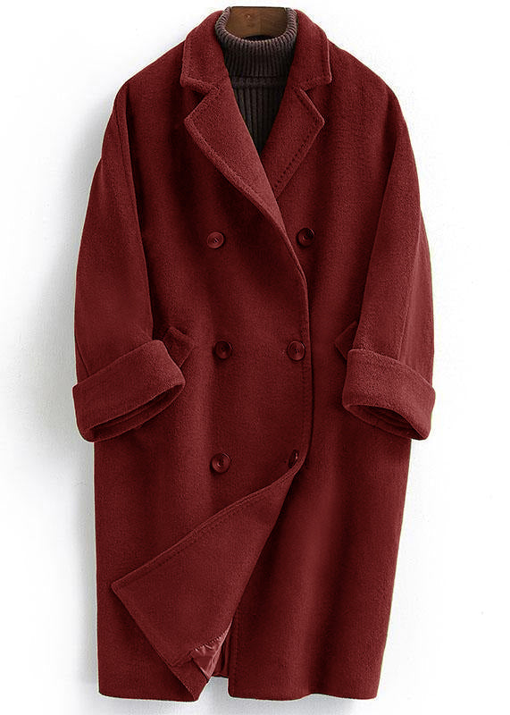 Woolen Coat trendy plus size long double breast women wine red coats Notched