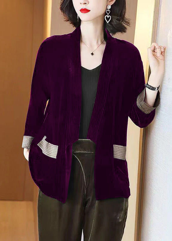 Loose wine red V-Neck Pockets  Silk Velour Cardigans Bracelet Sleeve