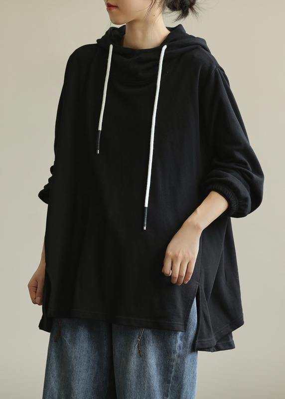 Modern hooded drawstring tunic top Cotton black shirt