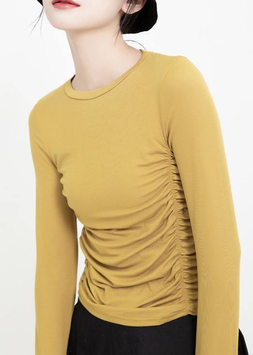 Elegant yellow cotton clothes Cinched wild o neck pullover