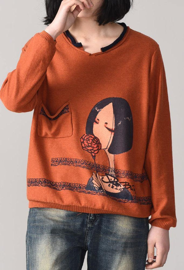 Pullover orange Cartoon print knit blouse fall fashion  knitwear pockets