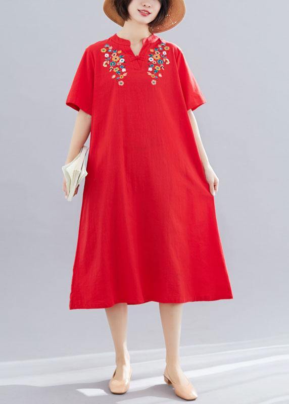 Chic embroidery cotton clothes linen red Dresses summer