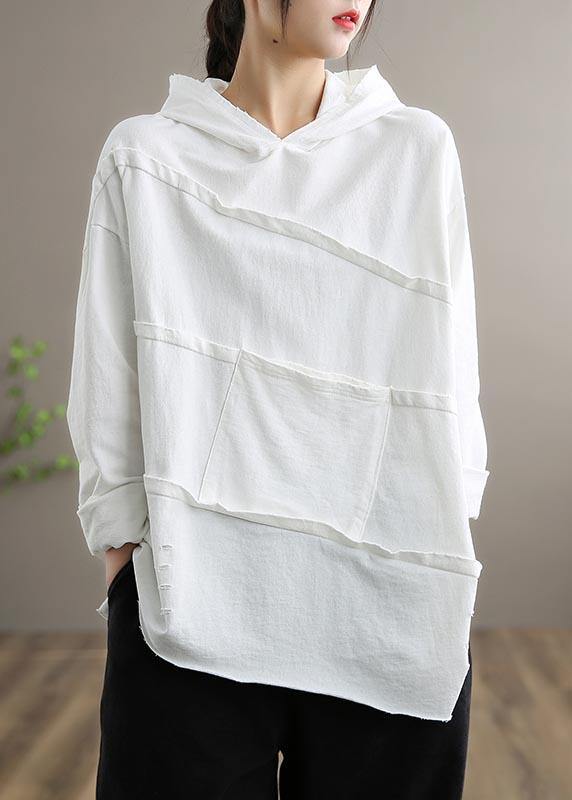 Handmade White Blouses For Women Hooded Patchwork Daily Spring Tops