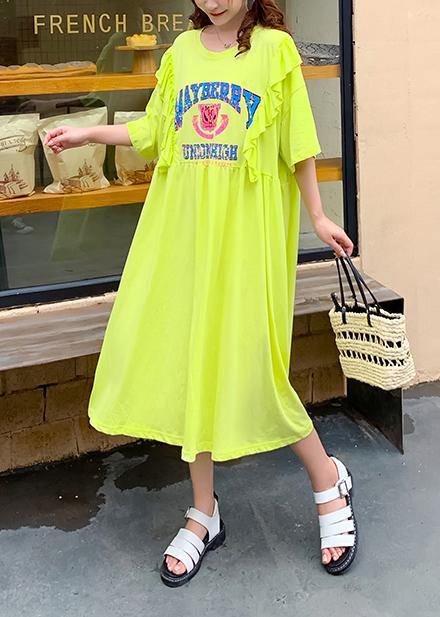 Women yellow Cartoon print tunics for women o neck Ruffles Traveling Dress