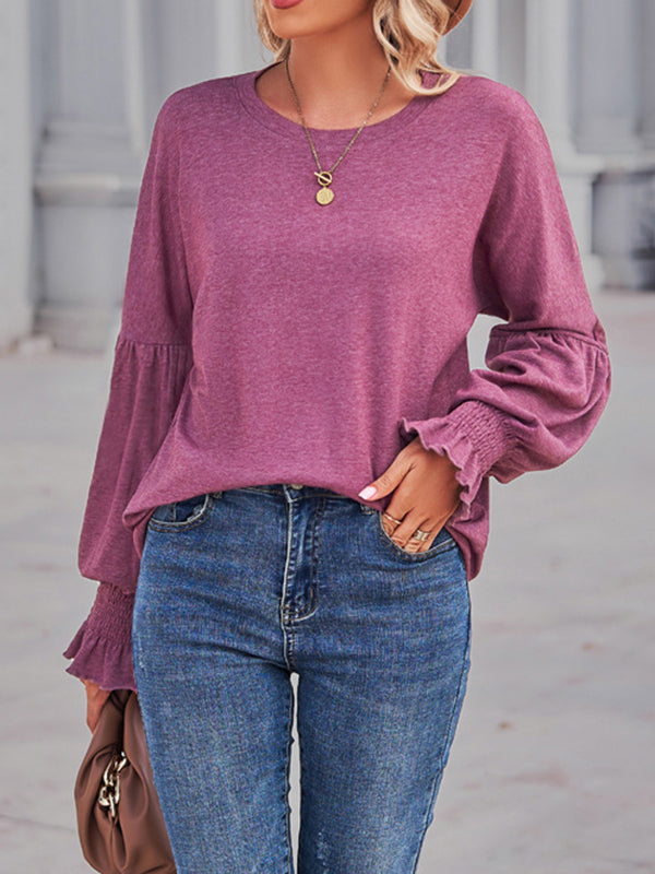 Flared Sleeves Long Sleeves Elasticity Solid Color Round-Neck T-Shirts Tops