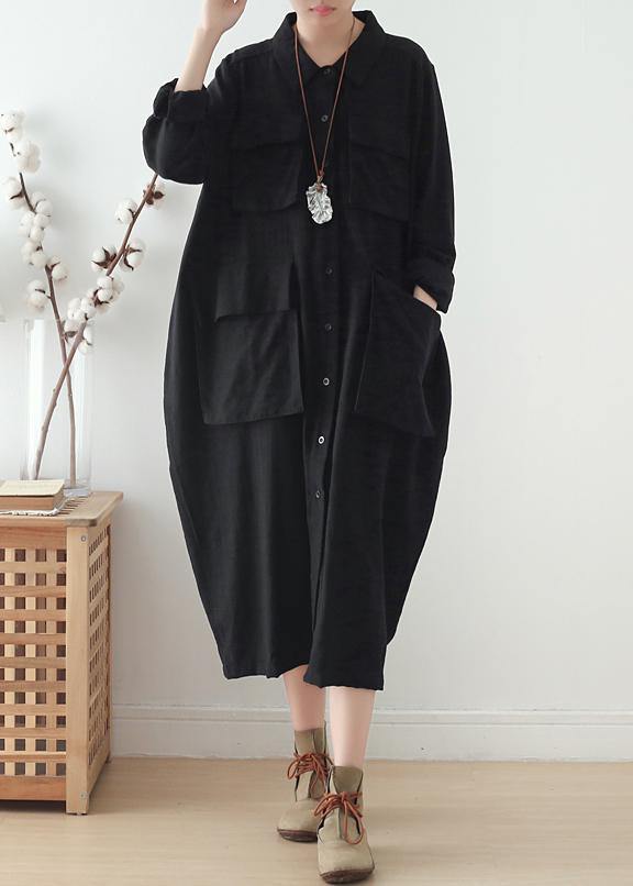 Organic lapel pockets fall Tunics Fabrics black Plus Size Dresses