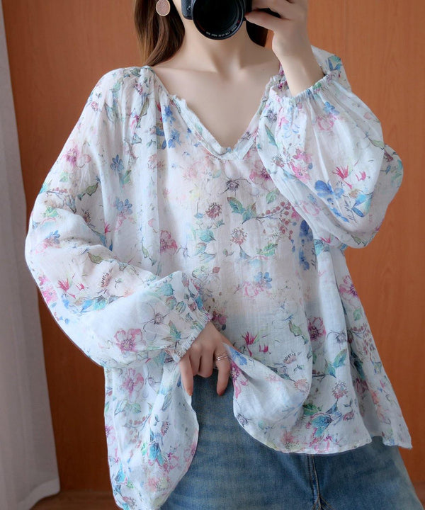 French floral shirts women v neck baggy Midi blouse