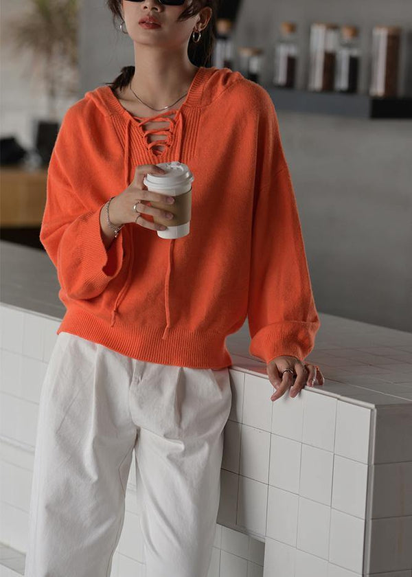 Fashion  orange knitted blouse oversized hooded drawstring knitted tops